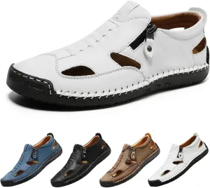 Men's Closed-Toe Leather Fisherman Sandals Slip-On Breathable Comfortable Moccasin Loafers Summer Side Zipper Hand-Sewn