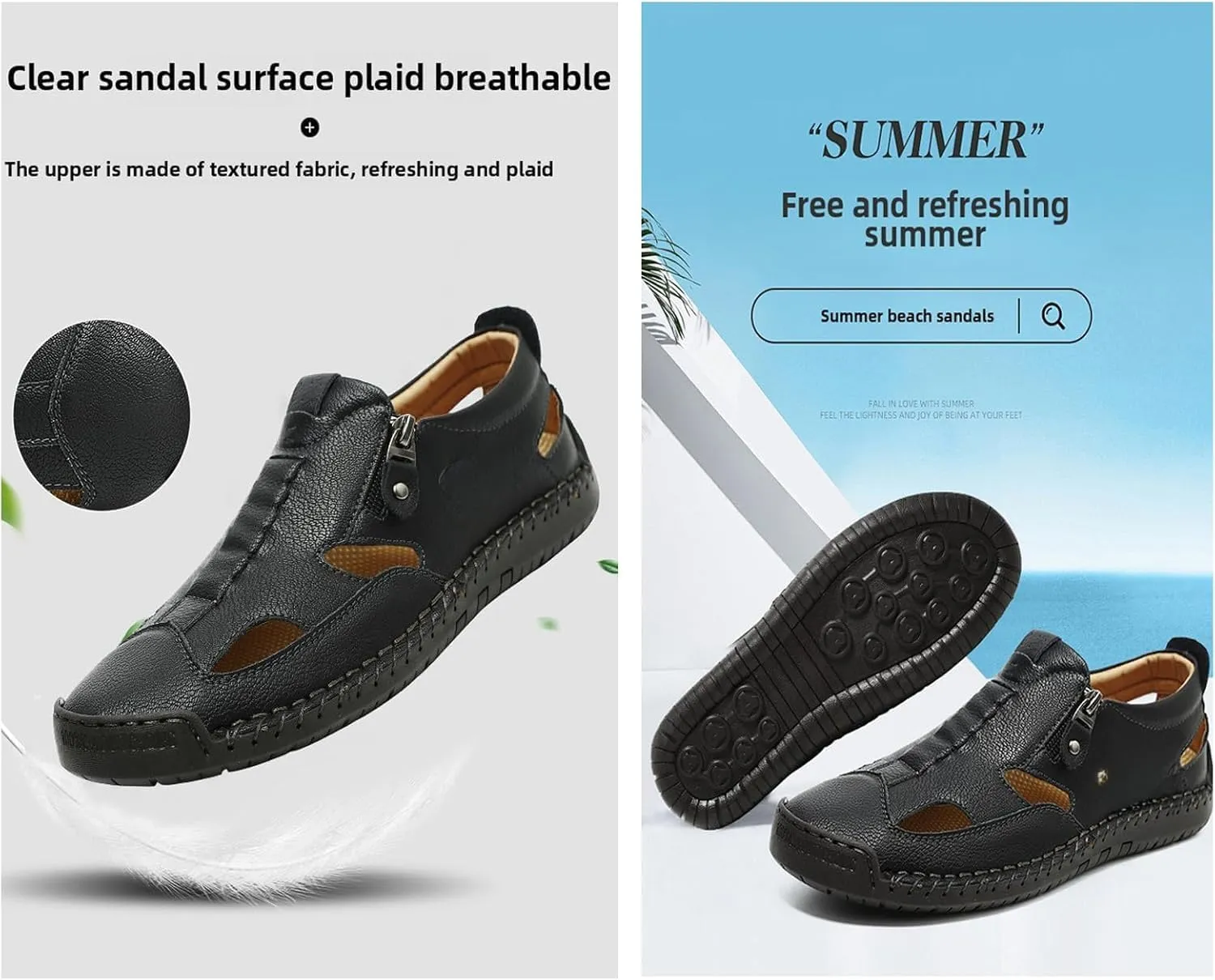 Men's Closed-Toe Leather Fisherman Sandals Slip-On Breathable Comfortable Moccasin Loafers Summer Side Zipper Hand-Sewn