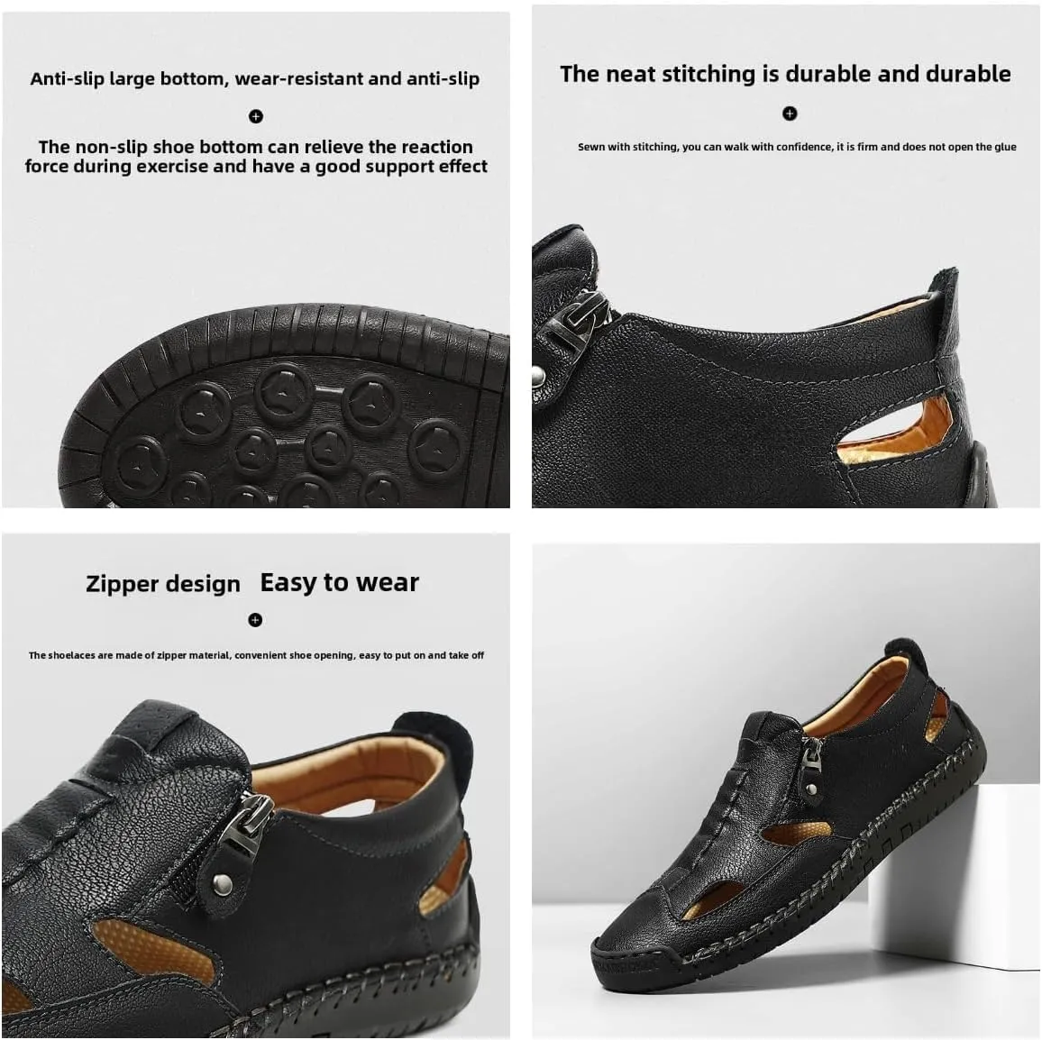 Men's Closed-Toe Leather Fisherman Sandals Slip-On Breathable Comfortable Moccasin Loafers Summer Side Zipper Hand-Sewn