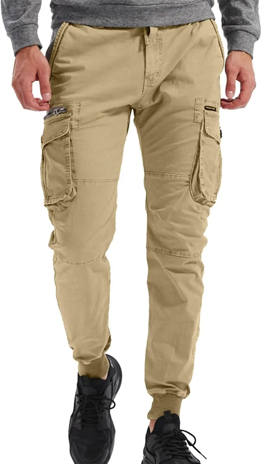 Mens Drawstring Cargo Pants Slim Fit Lightweight Track Trousers with Zip Pockets Cinch Bottom Tactical Pants Joggers