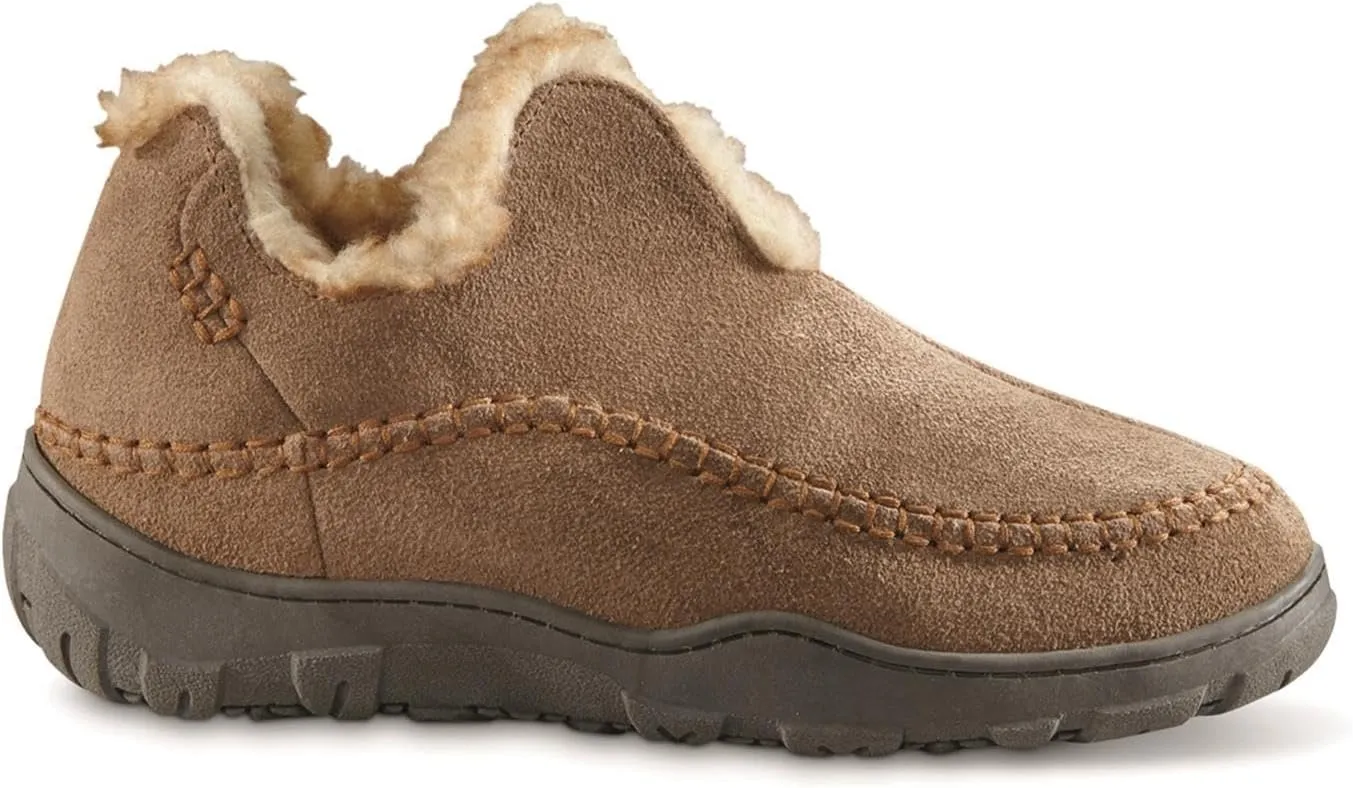 Men's Frontier Fur-Lined Suede Moccasin Slippers, Warm Fuzzy Cozy Indoor Outdoor Bedroom House Shoes