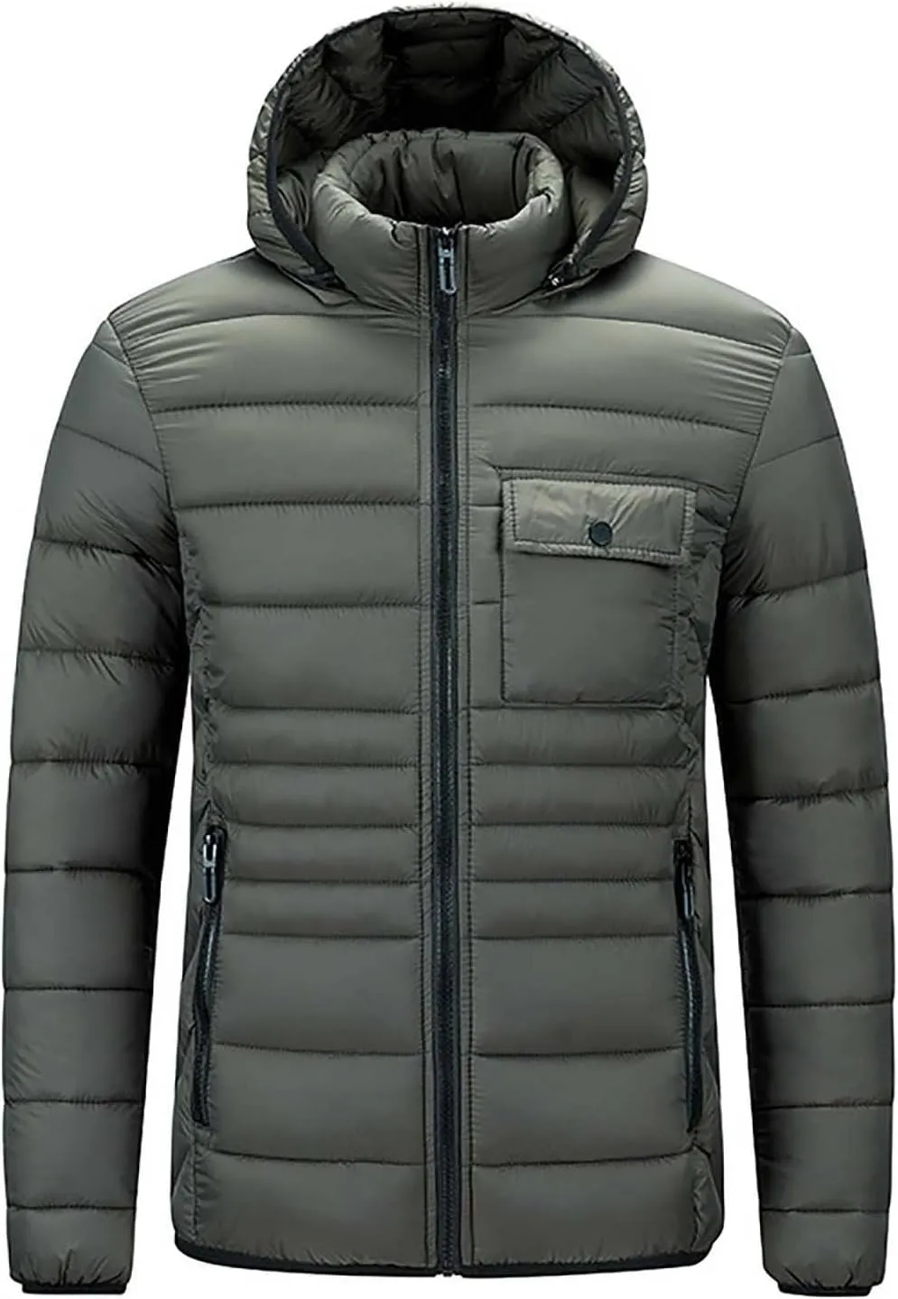 Men's Lightweight Puffer Jacket Hooded Windproof Winter Coat Full Zip Insulated Quilted Lined Down Coat with Removable Hood