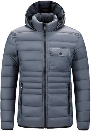 Men's Lightweight Puffer Jacket Hooded Windproof Winter Coat Full Zip Insulated Quilted Lined Down Coat with Removable Hood