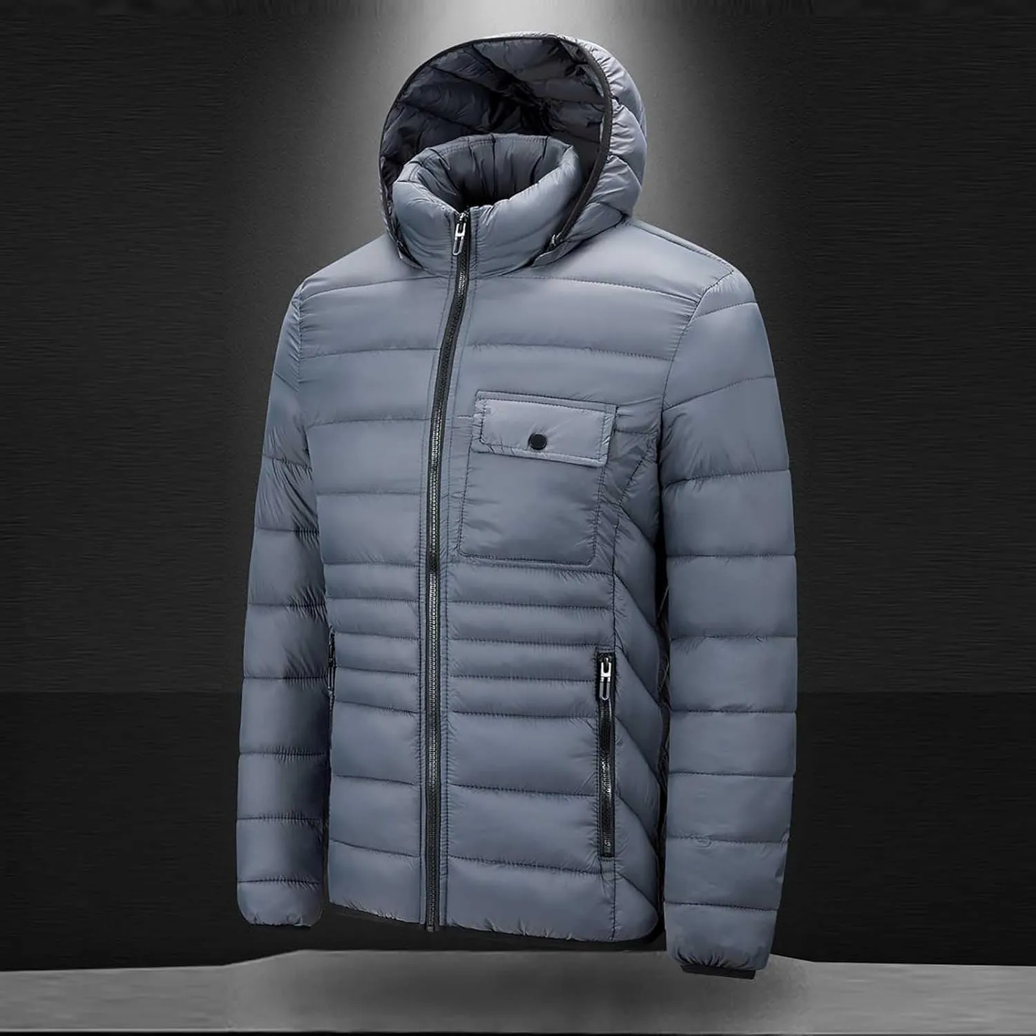 Men's Lightweight Puffer Jacket Hooded Windproof Winter Coat Full Zip Insulated Quilted Lined Down Coat with Removable Hood