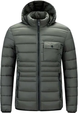 Men's Lightweight Puffer Jacket Hooded Windproof Winter Coat Full Zip Insulated Quilted Lined Down Coat with Removable Hood