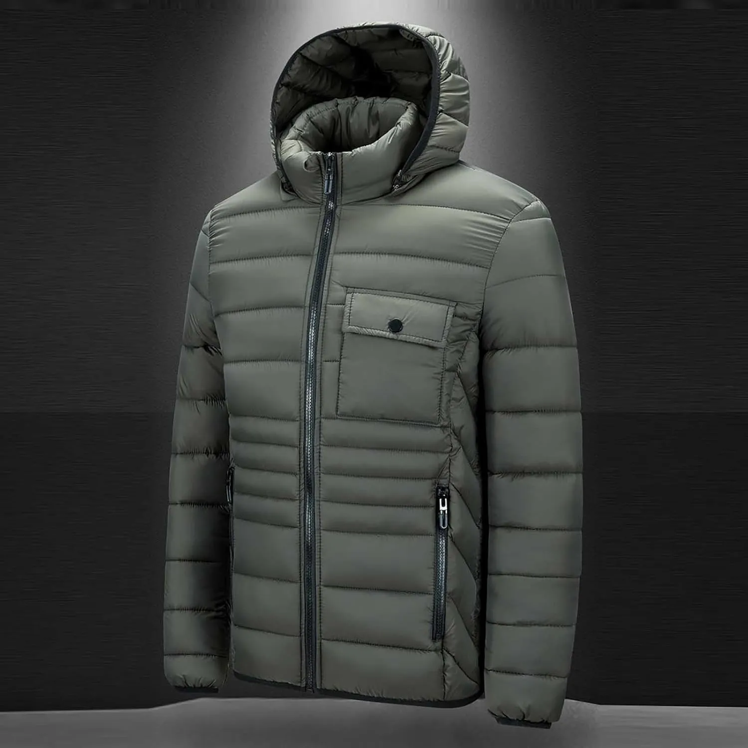 Men's Lightweight Puffer Jacket Hooded Windproof Winter Coat Full Zip Insulated Quilted Lined Down Coat with Removable Hood