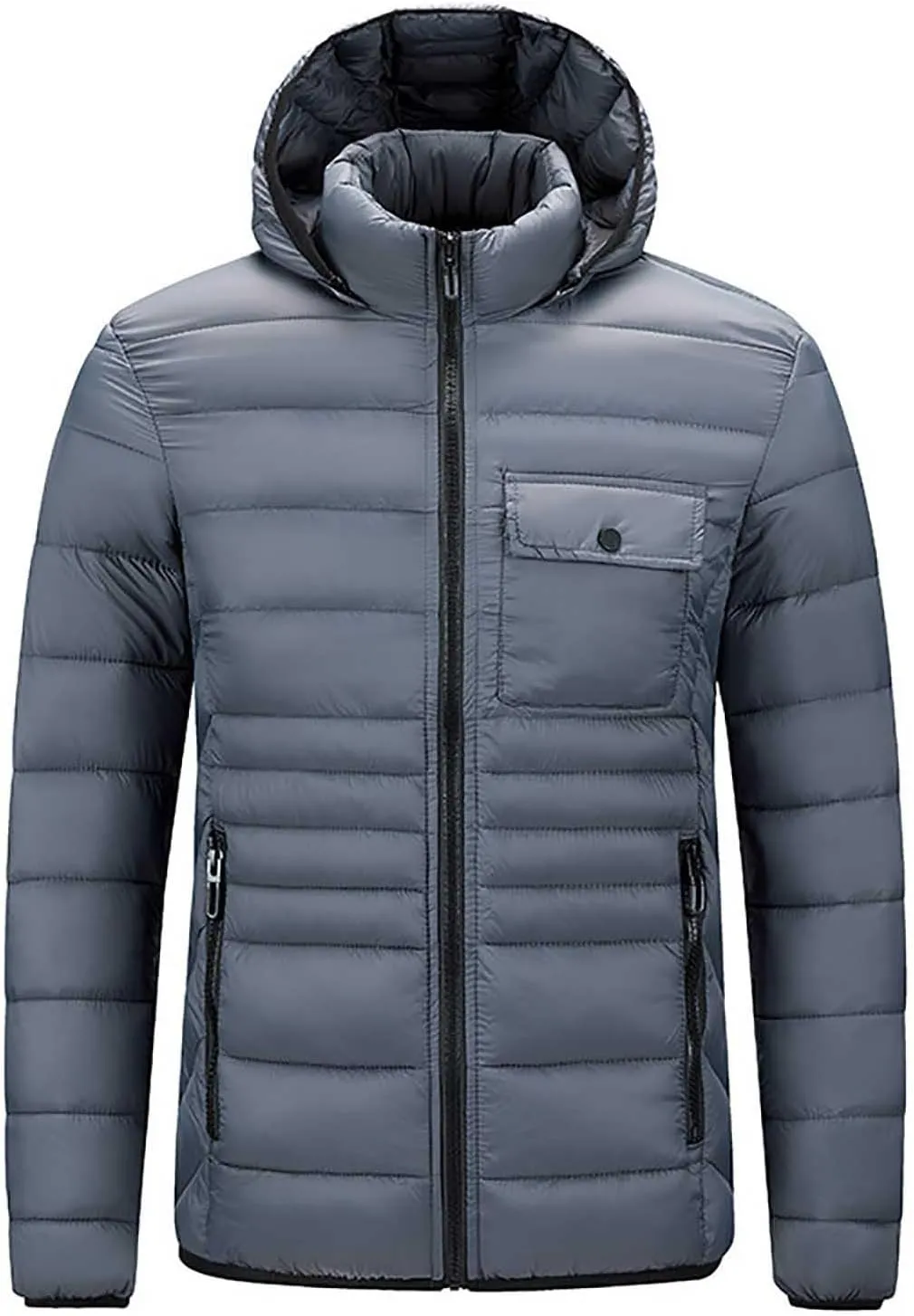 Men's Lightweight Puffer Jacket Hooded Windproof Winter Coat Full Zip Insulated Quilted Lined Down Coat with Removable Hood