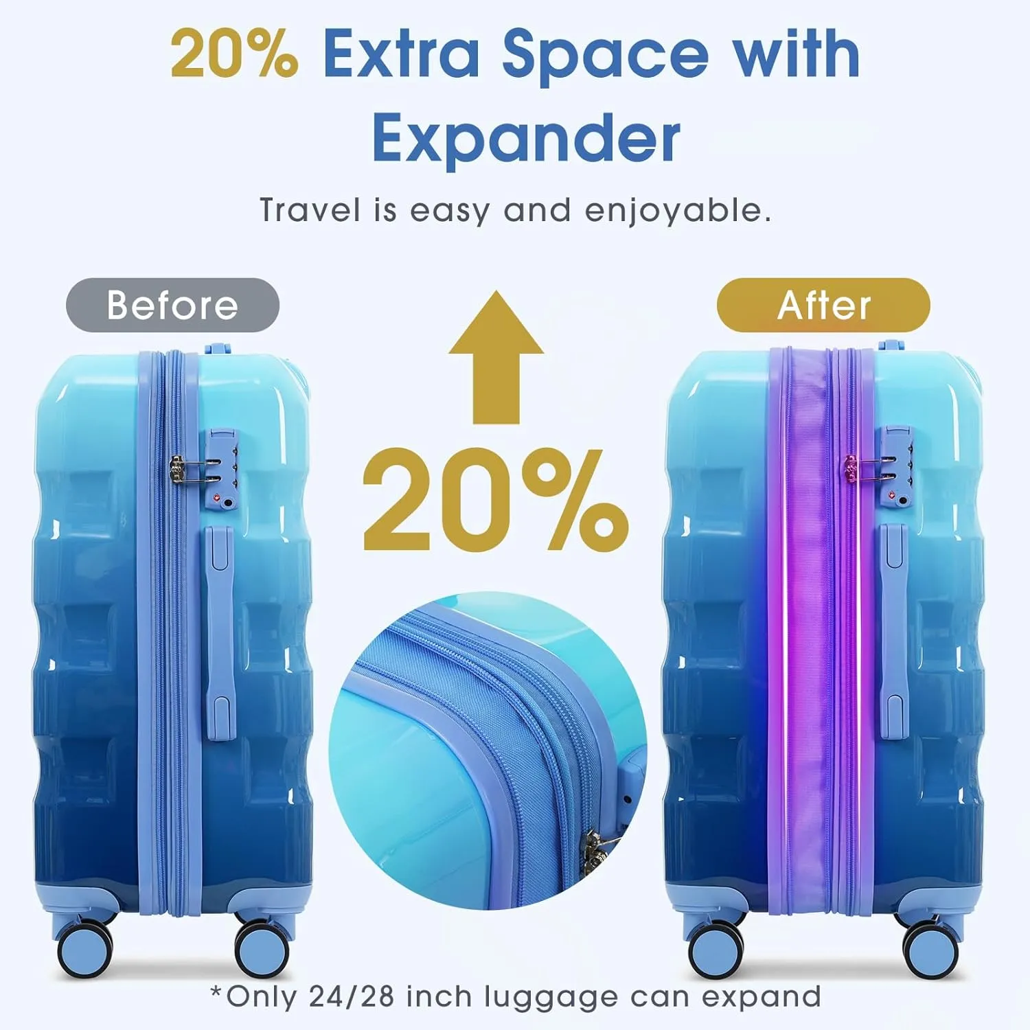 Merax Hardshell Luggage Set 3 Piece  20"/24"/28" Expandable Colorful Glossy Suitcases with Spinner Wheels and TSA Lock, Lightweight Durable PC ABS for Stylish Travel (Blue)