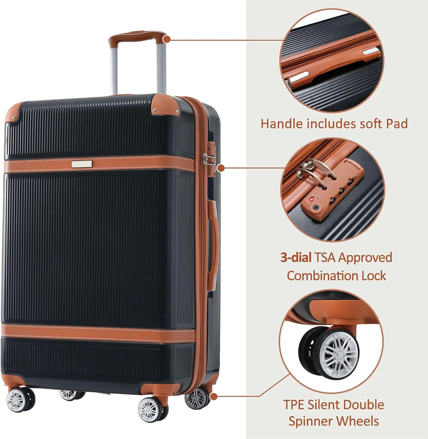 Merax Hardshell Luggage Sets 3 Piece Set 20" Carry-on ABS Suitcase Double Spinner Wheels with TSA Lock Suitcase set Expandable travel bag for Men and Women (3, Black, 20" 24" 28" suitcase)
