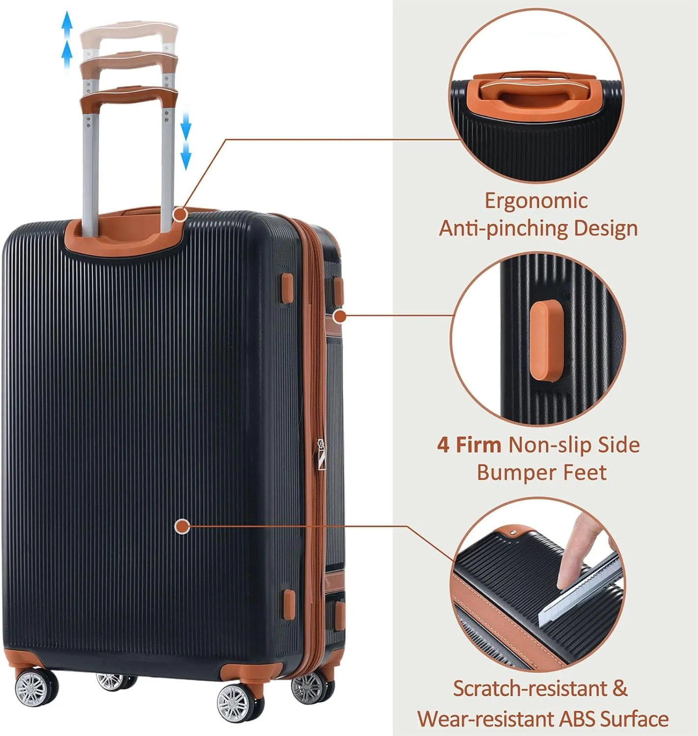 Merax Hardshell Luggage Sets 3 Piece Set 20" Carry-on ABS Suitcase Double Spinner Wheels with TSA Lock Suitcase set Expandable travel bag for Men and Women (3, Black, 20" 24" 28" suitcase)