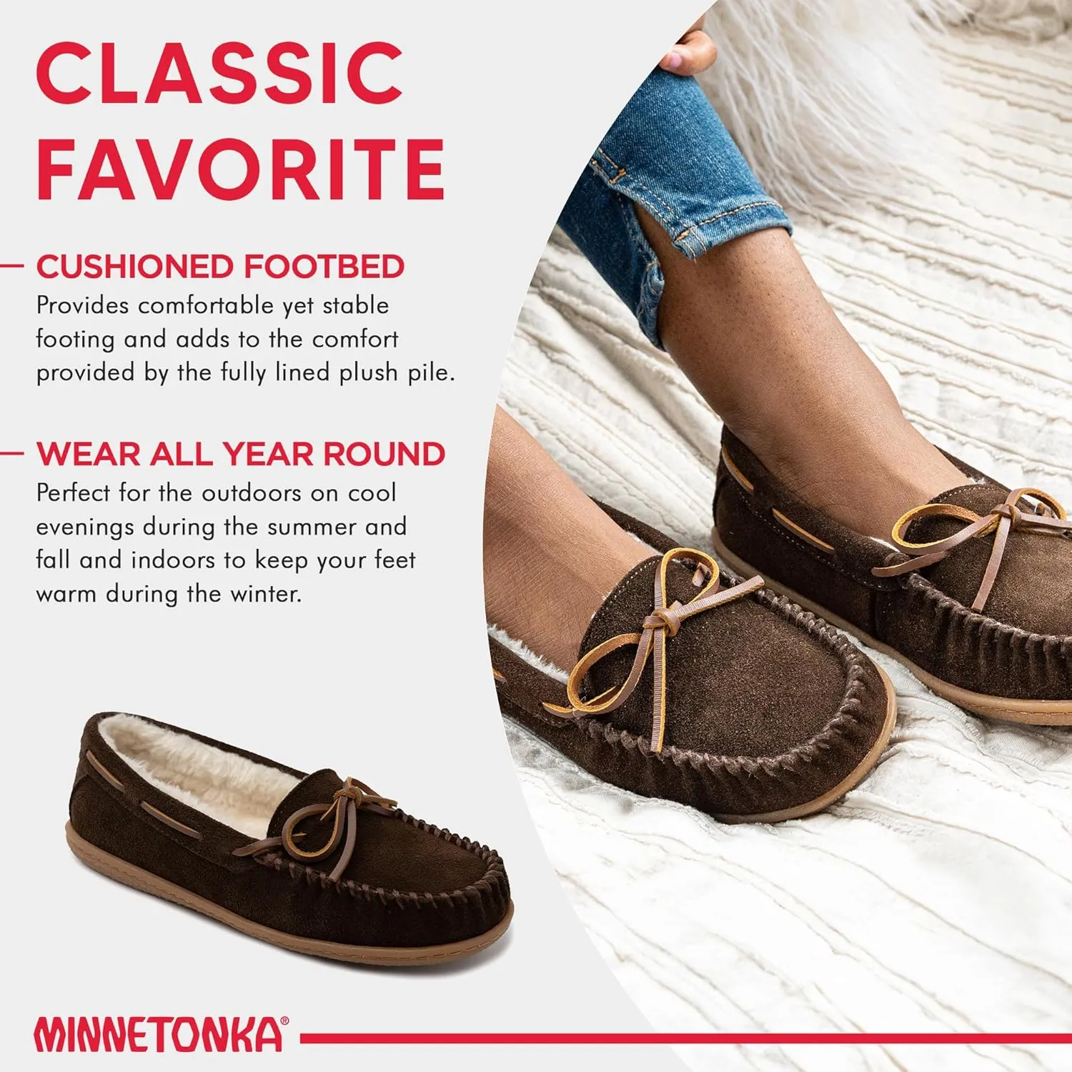 Minnetonka Women??s Camp Tie Moc ?? Cozy, Suede Moccasin Slippers for Women with Plush Pile Lining, Cushioned Footbed, and Durable Sole for Indoor & Outdoor Comfort