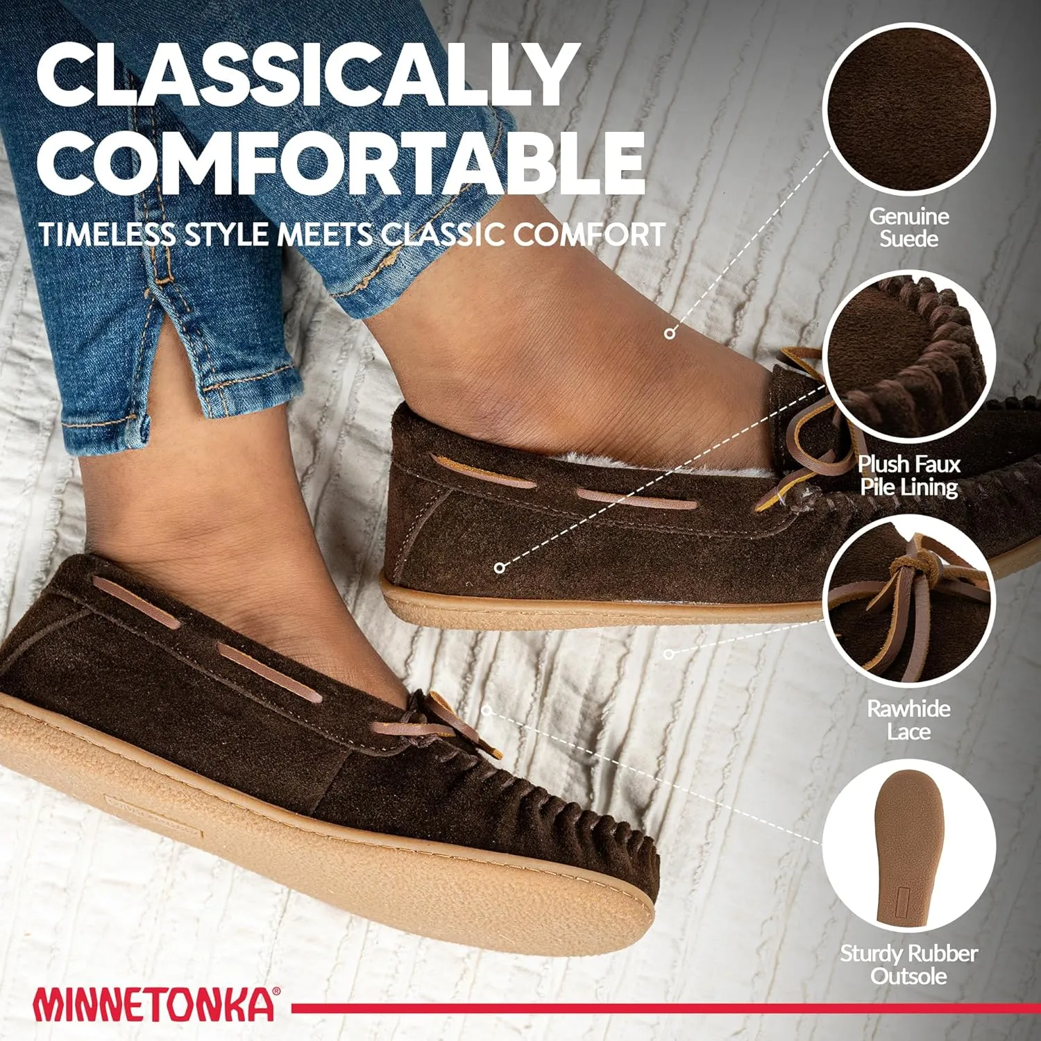 Minnetonka Women??s Camp Tie Moc ?? Cozy, Suede Moccasin Slippers for Women with Plush Pile Lining, Cushioned Footbed, and Durable Sole for Indoor & Outdoor Comfort