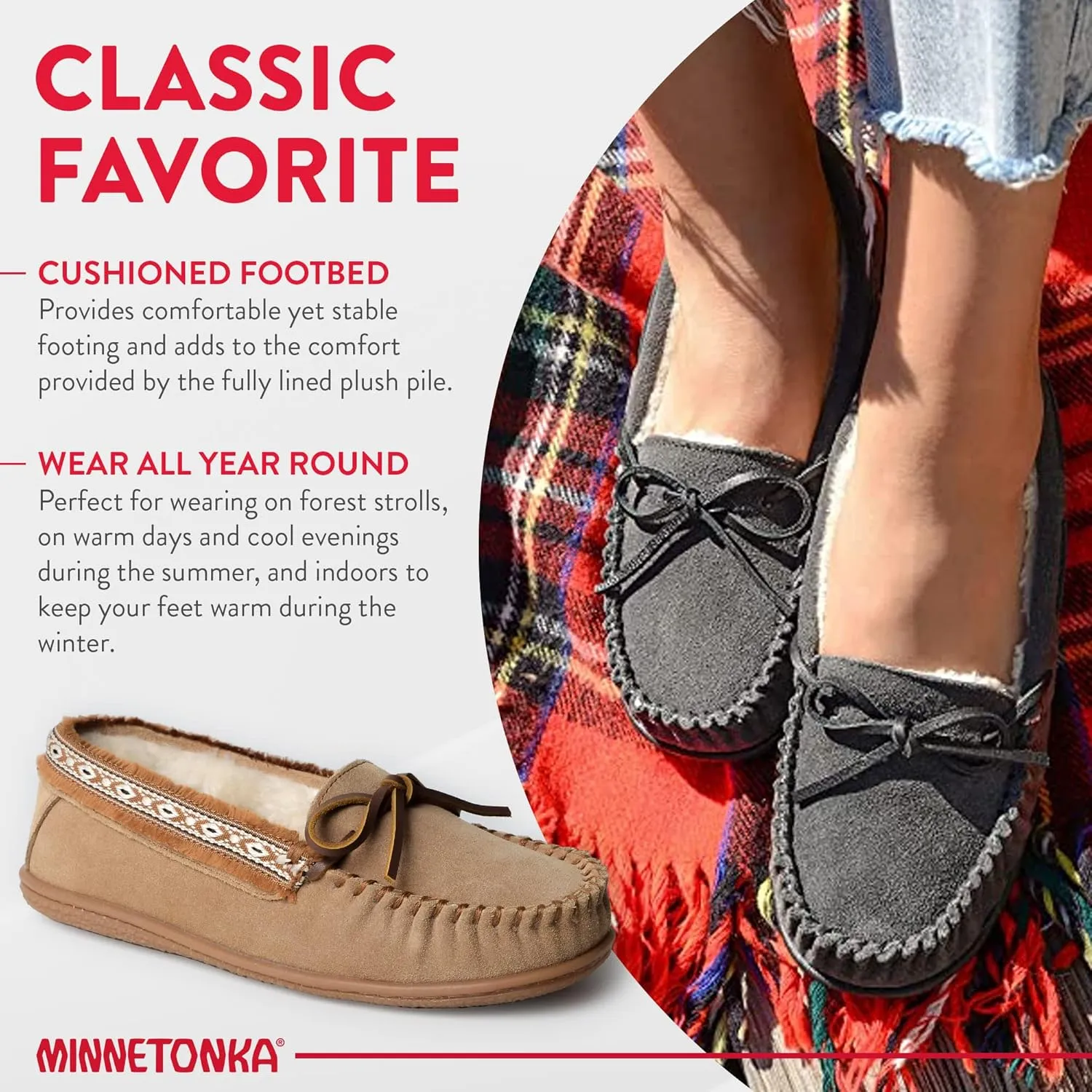 Minnetonka Women??s Camp Tie Moc ?? Cozy, Suede Moccasin Slippers for Women with Plush Pile Lining, Cushioned Footbed, and Durable Sole for Indoor & Outdoor Comfort