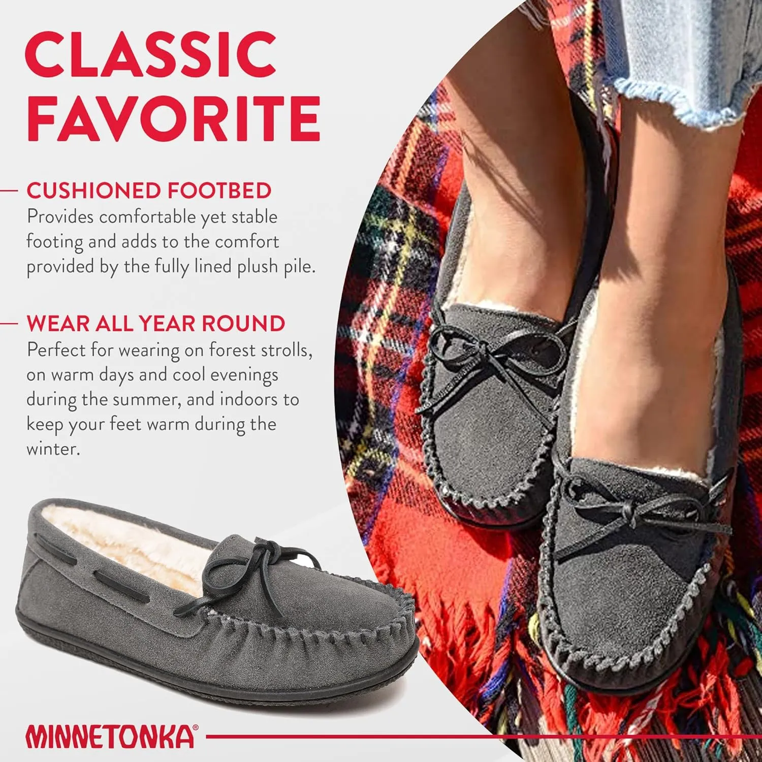 Minnetonka Women??s Camp Tie Moc ?? Cozy, Suede Moccasin Slippers for Women with Plush Pile Lining, Cushioned Footbed, and Durable Sole for Indoor & Outdoor Comfort