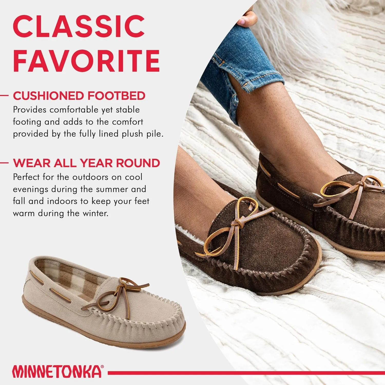 Minnetonka Women??s Camp Tie Moc ?? Cozy, Suede Moccasin Slippers for Women with Plush Pile Lining, Cushioned Footbed, and Durable Sole for Indoor & Outdoor Comfort