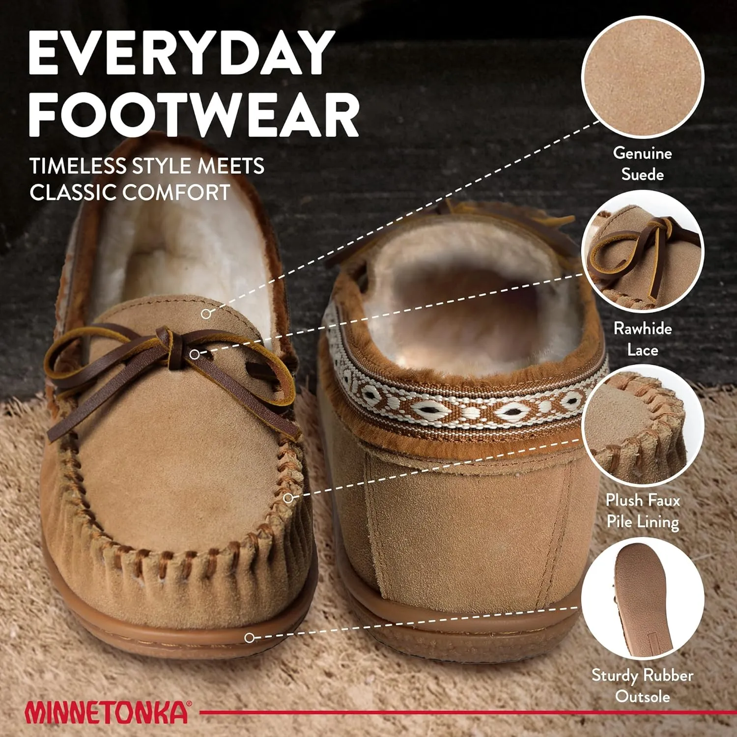 Minnetonka Women??s Camp Tie Moc ?? Cozy, Suede Moccasin Slippers for Women with Plush Pile Lining, Cushioned Footbed, and Durable Sole for Indoor & Outdoor Comfort