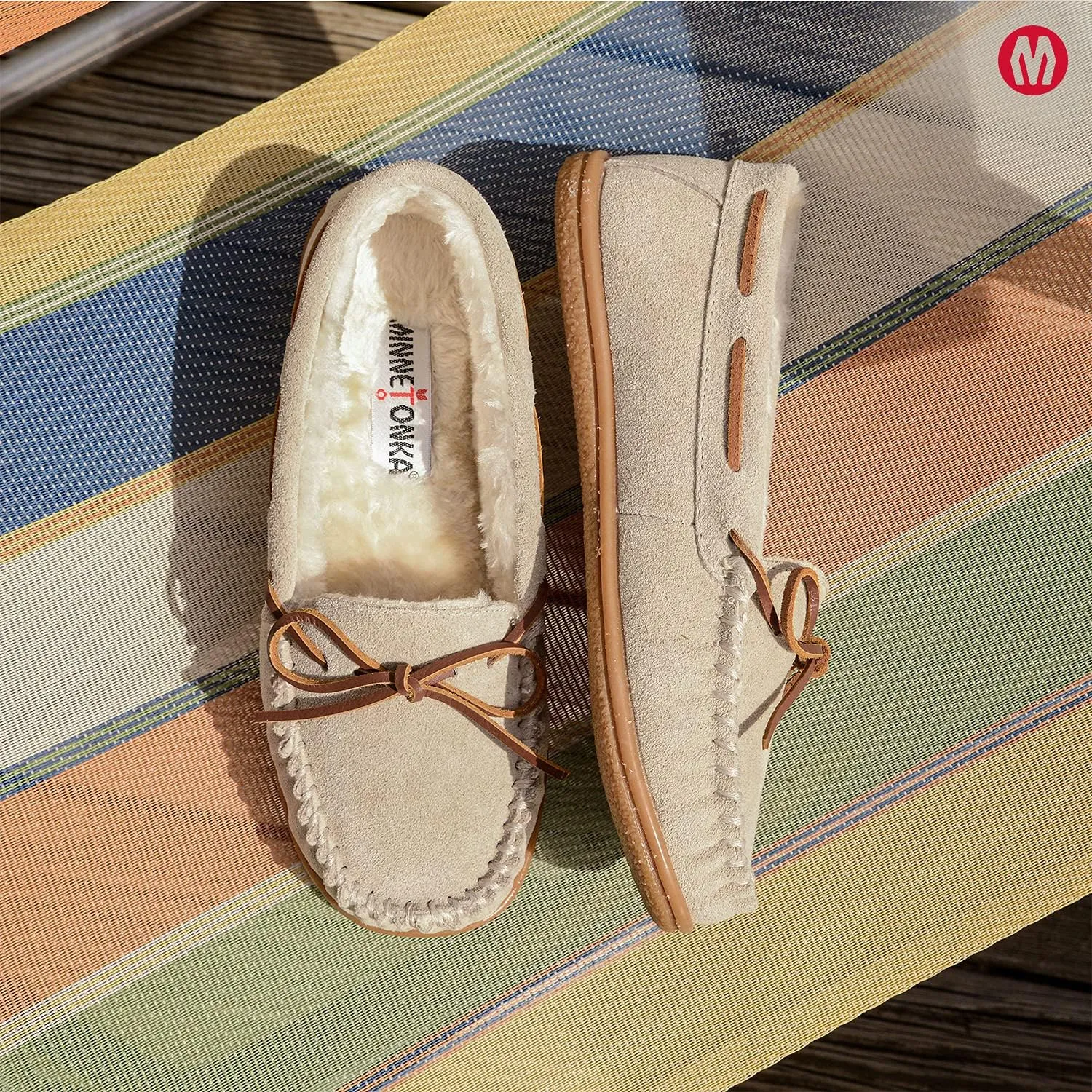 Minnetonka Women??s Camp Tie Moc ?? Cozy, Suede Moccasin Slippers for Women with Plush Pile Lining, Cushioned Footbed, and Durable Sole for Indoor & Outdoor Comfort