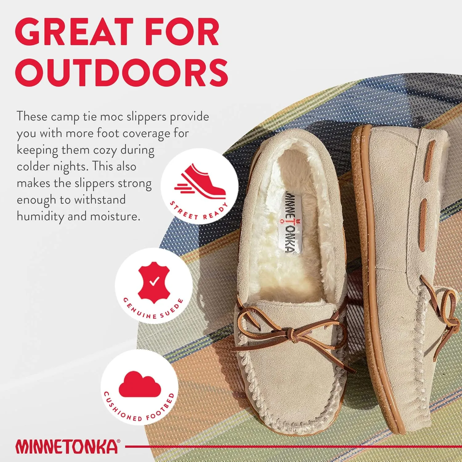 Minnetonka Women??s Camp Tie Moc ?? Cozy, Suede Moccasin Slippers for Women with Plush Pile Lining, Cushioned Footbed, and Durable Sole for Indoor & Outdoor Comfort