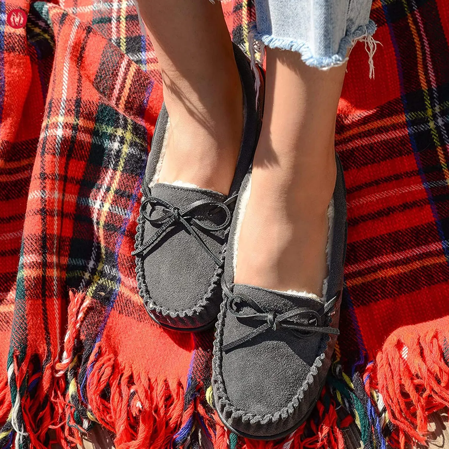 Minnetonka Women??s Camp Tie Moc ?? Cozy, Suede Moccasin Slippers for Women with Plush Pile Lining, Cushioned Footbed, and Durable Sole for Indoor & Outdoor Comfort