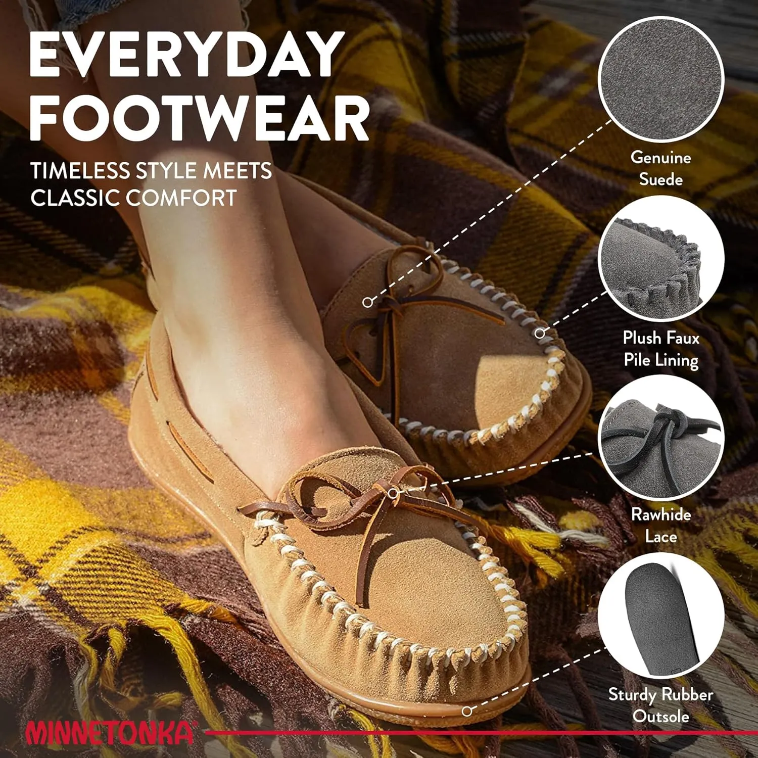 Minnetonka Women??s Camp Tie Moc ?? Cozy, Suede Moccasin Slippers for Women with Plush Pile Lining, Cushioned Footbed, and Durable Sole for Indoor & Outdoor Comfort