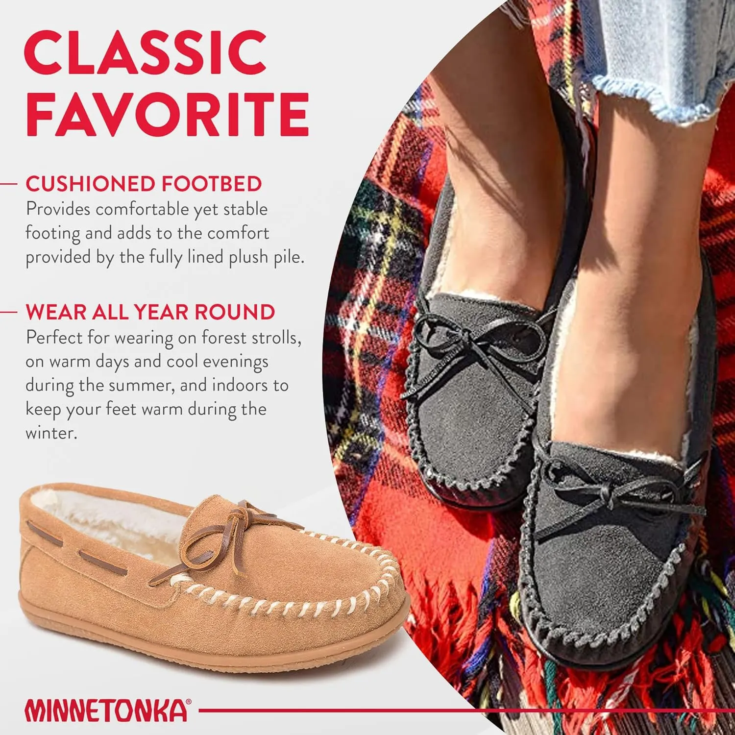 Minnetonka Women??s Camp Tie Moc ?? Cozy, Suede Moccasin Slippers for Women with Plush Pile Lining, Cushioned Footbed, and Durable Sole for Indoor & Outdoor Comfort