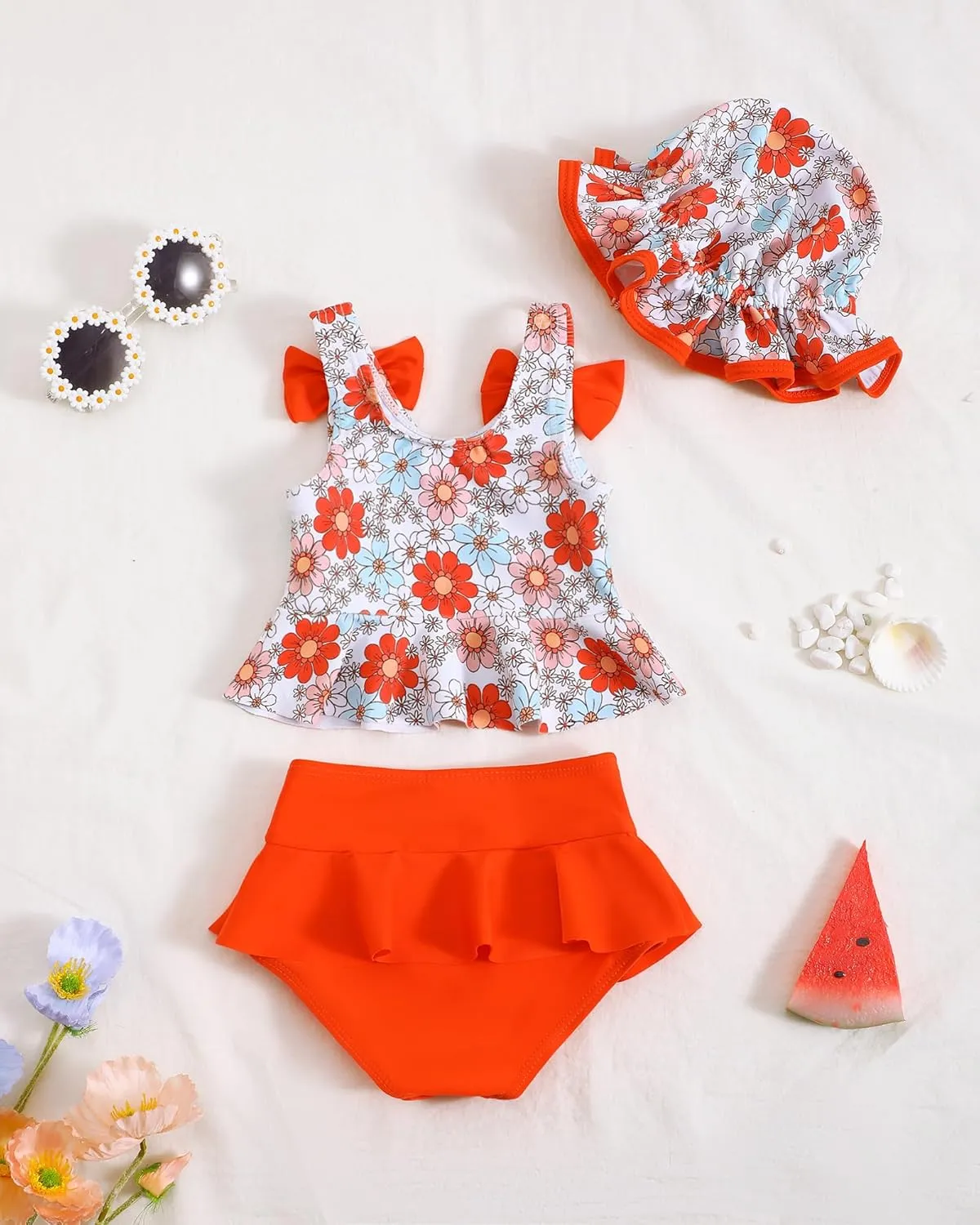 Mioglrie Baby Infant Swimsuit Girl Toddler Bathing Suit Girl Summer Beach Bikini Tankini Swimwear Hat 3-24 Months 2t-5t