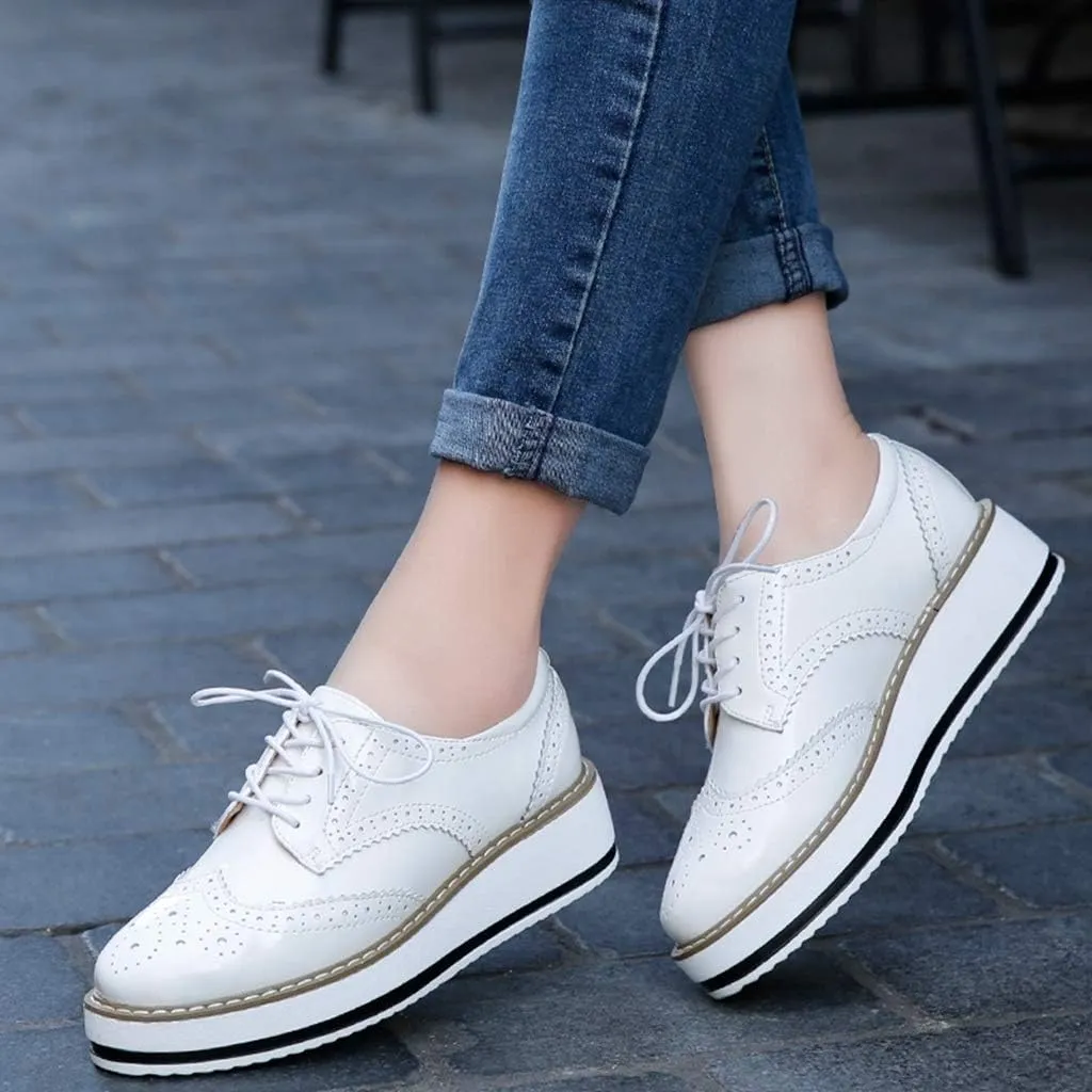 MIOKE Women's Fashion Platform Oxford Shoes Lace Up Wingtip Patent Leather Chunky Mid Heel Wedge Dress Shoes