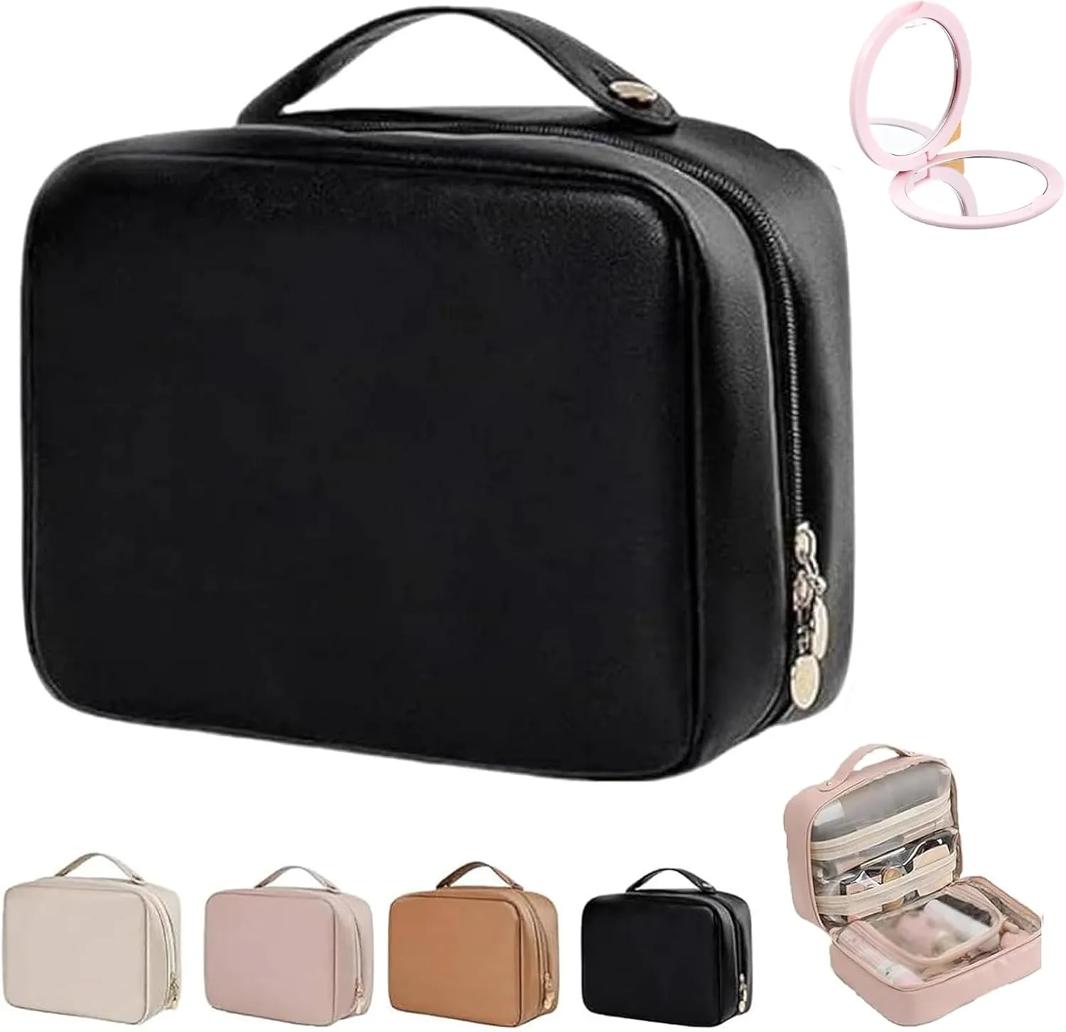 Multi Compartment Toiletry Cosmetic Bag, Setpatient,Set Patient Travel Makeup Bag, PU Leather Waterproof Travel Toiletry Bag, Makeup Organizer with Multiple Pockets (Black)