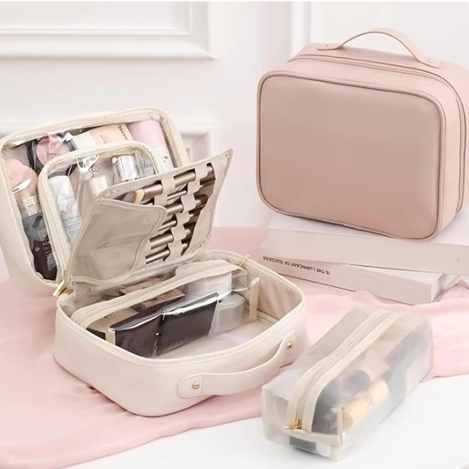 Multi Compartment Toiletry Cosmetic Bag, Setpatient,Set Patient Travel Makeup Bag, PU Leather Waterproof Travel Toiletry Bag, Makeup Organizer with Multiple Pockets (Black)