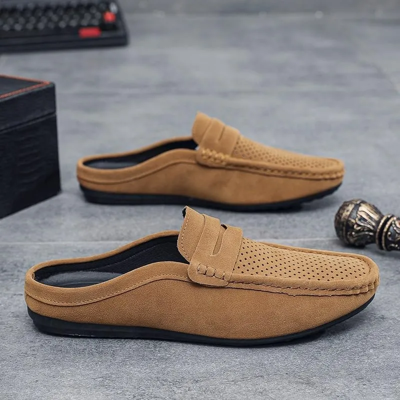 New Men's Loafers Shoes Suede Vamp Perforated Half Penny Loafers Shoes Lightweight Flexible Anti-Slip Party Slip On