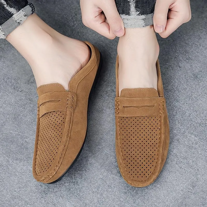 New Men's Loafers Shoes Suede Vamp Perforated Half Penny Loafers Shoes Lightweight Flexible Anti-Slip Party Slip On