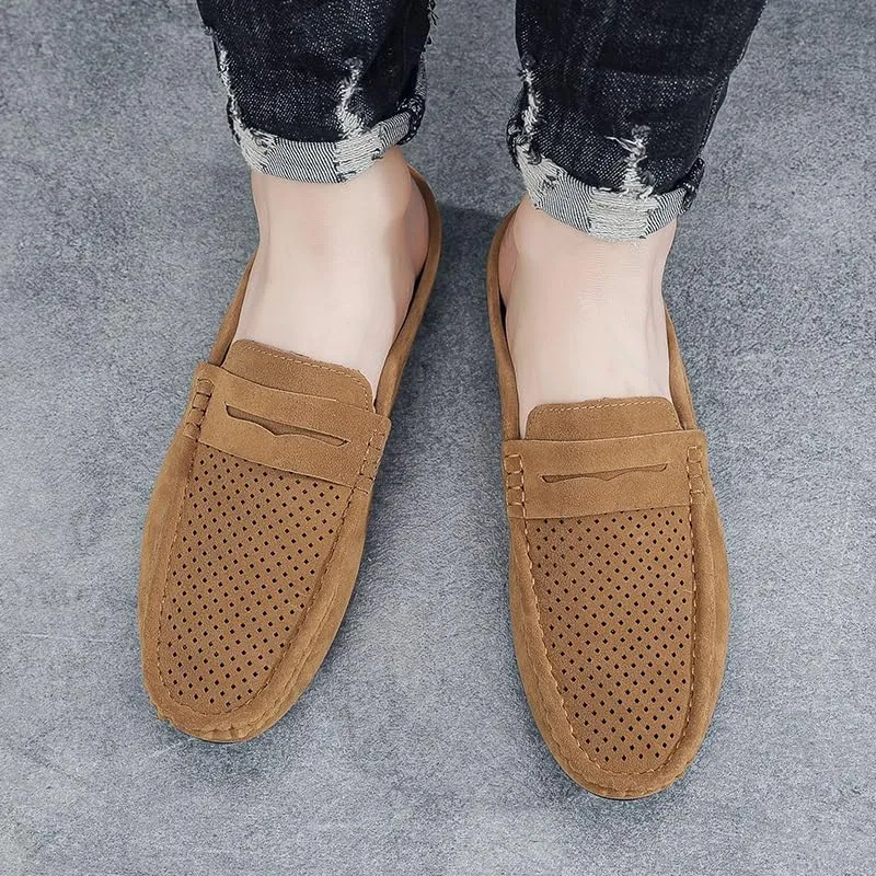 New Men's Loafers Shoes Suede Vamp Perforated Half Penny Loafers Shoes Lightweight Flexible Anti-Slip Party Slip On