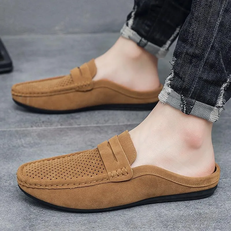 New Men's Loafers Shoes Suede Vamp Perforated Half Penny Loafers Shoes Lightweight Flexible Anti-Slip Party Slip On