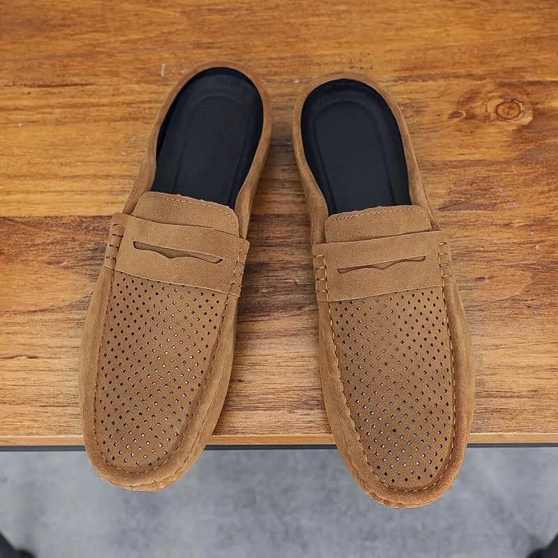 New Men's Loafers Shoes Suede Vamp Perforated Half Penny Loafers Shoes Lightweight Flexible Anti-Slip Party Slip On