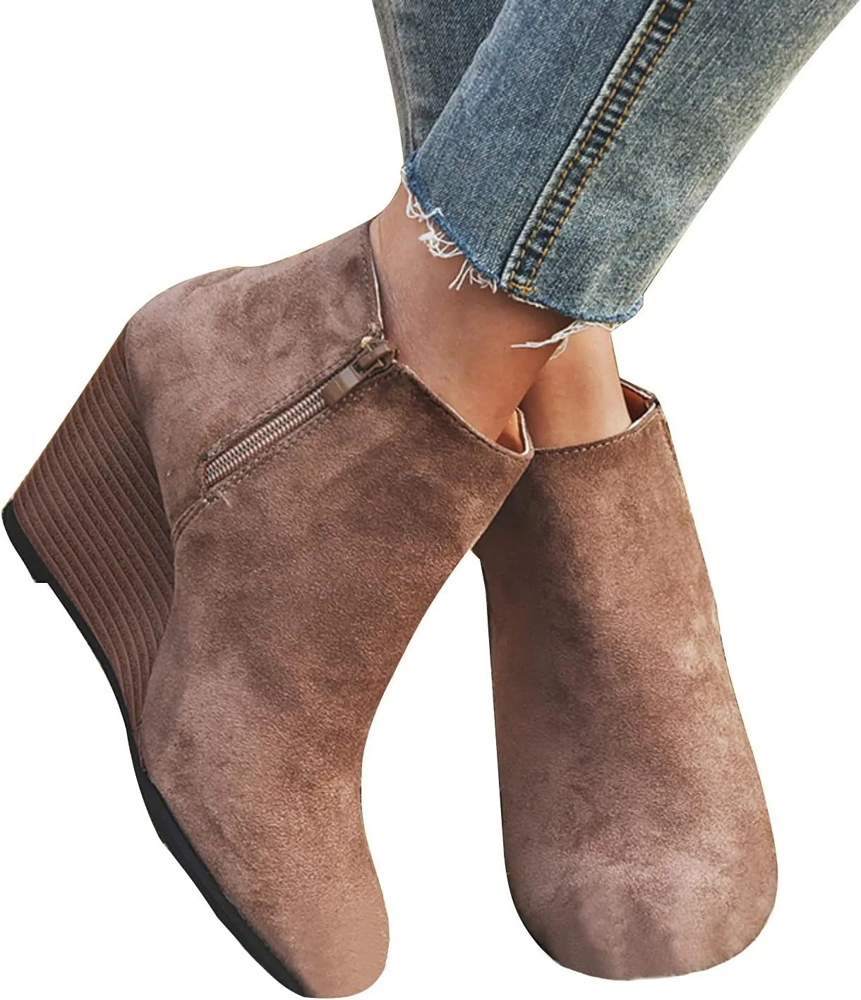 oiangi womens booties and ankle boots Fashion round toe Zipper Suede Casual Wedge Platform high heels Comfortable waterproof Work Chunky shoes