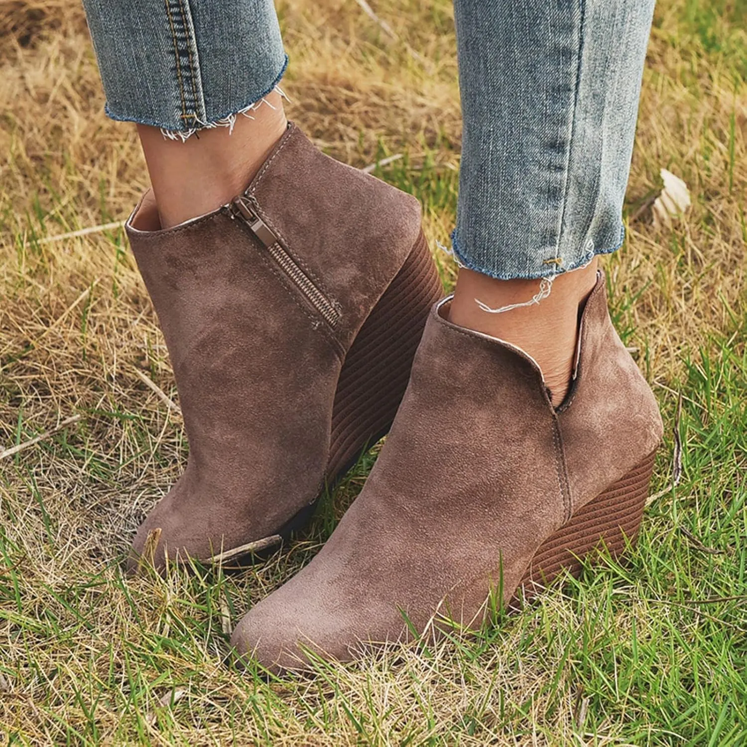 oiangi womens booties and ankle boots Fashion round toe Zipper Suede Casual Wedge Platform high heels Comfortable waterproof Work Chunky shoes