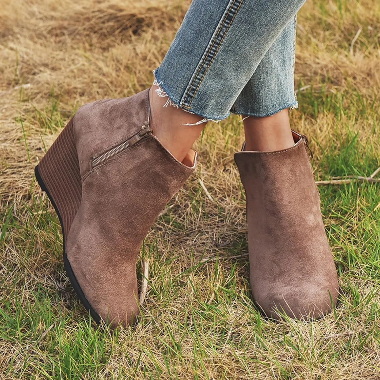 oiangi womens booties and ankle boots Fashion round toe Zipper Suede Casual Wedge Platform high heels Comfortable waterproof Work Chunky shoes