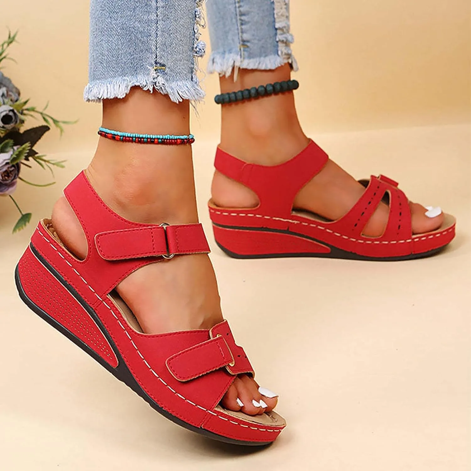 peqiut Casual Sandals Women Orthopedic Wedge Sandals for Women Ankle Strap Shoes Comfortable Fashion Casual Sandals