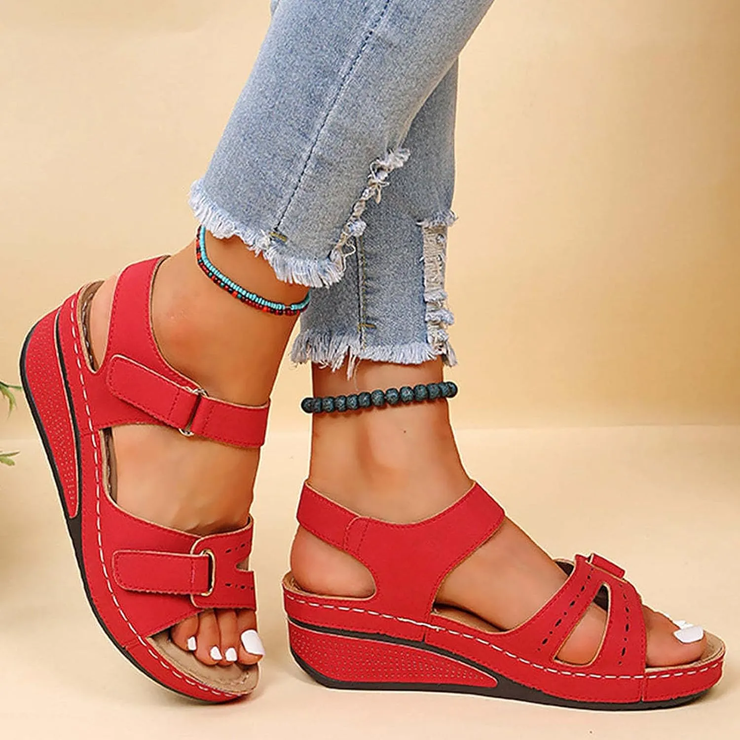 peqiut Casual Sandals Women Orthopedic Wedge Sandals for Women Ankle Strap Shoes Comfortable Fashion Casual Sandals