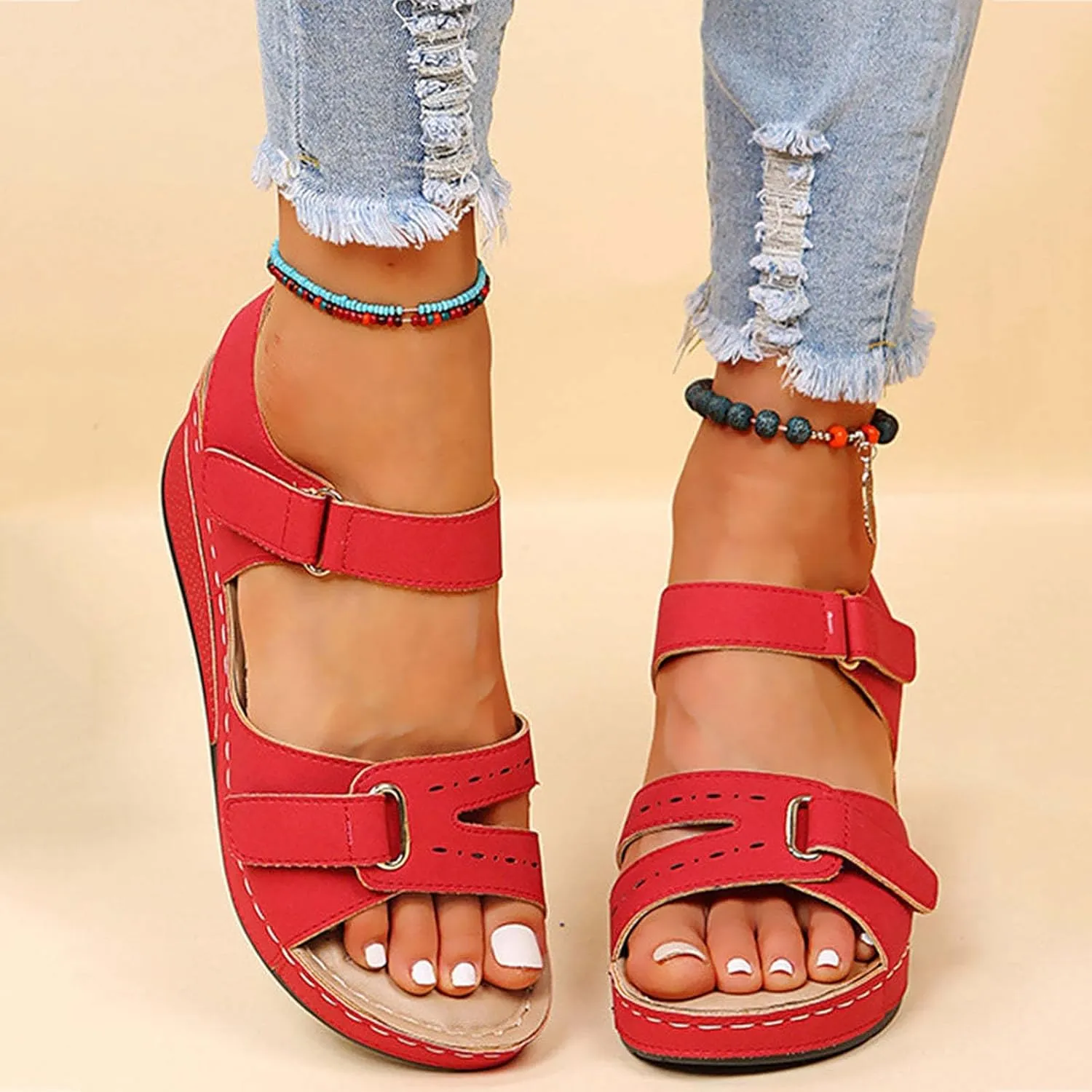 peqiut Casual Sandals Women Orthopedic Wedge Sandals for Women Ankle Strap Shoes Comfortable Fashion Casual Sandals