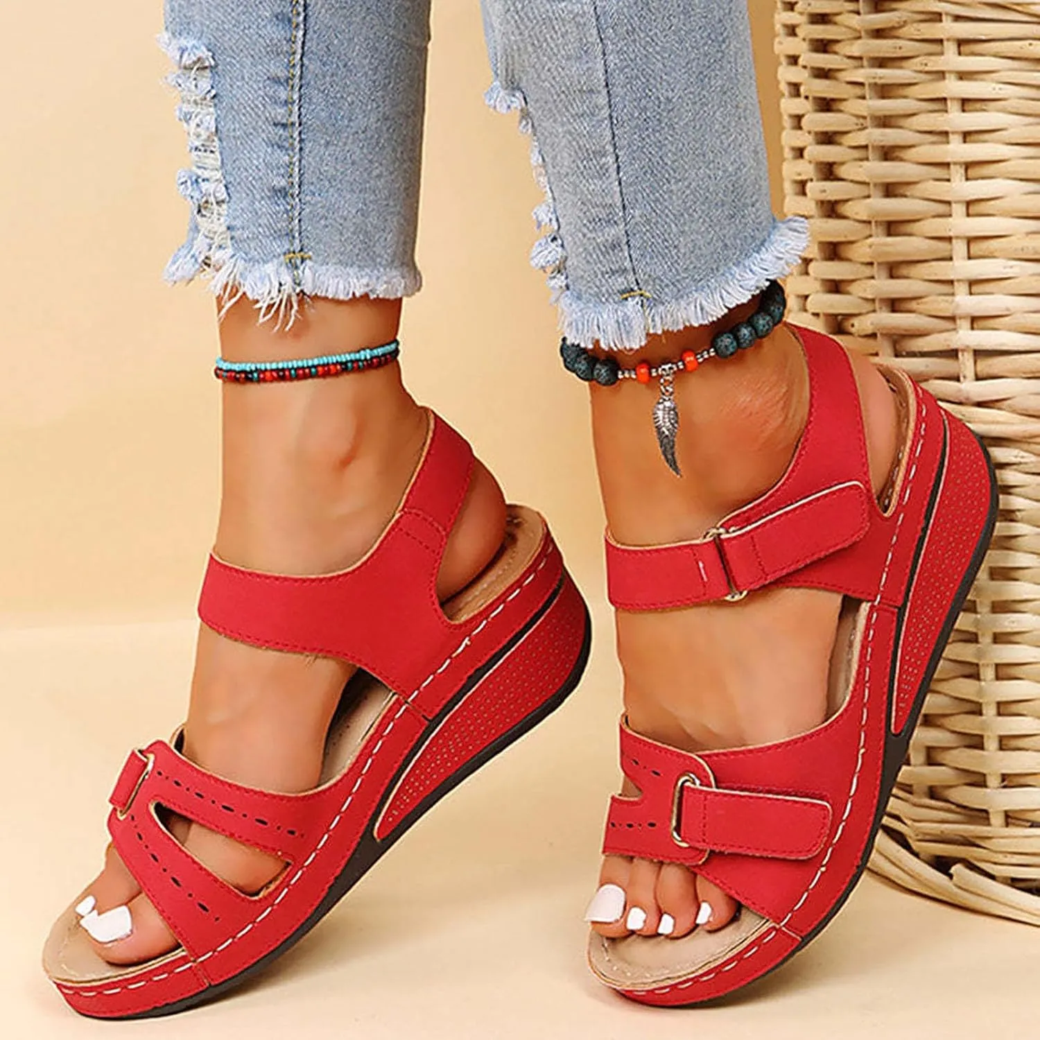 peqiut Casual Sandals Women Orthopedic Wedge Sandals for Women Ankle Strap Shoes Comfortable Fashion Casual Sandals