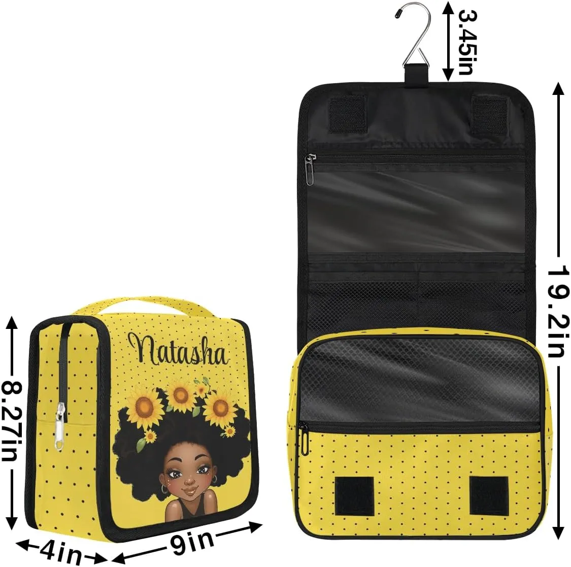 Personalized Travel Toiletry Bag Cosmetic Bag for Women Girl, Custom Shaving Bag Make Up Bag Organizer for Man Boy Christmas Birthday Gift Sunflower Girl Dot