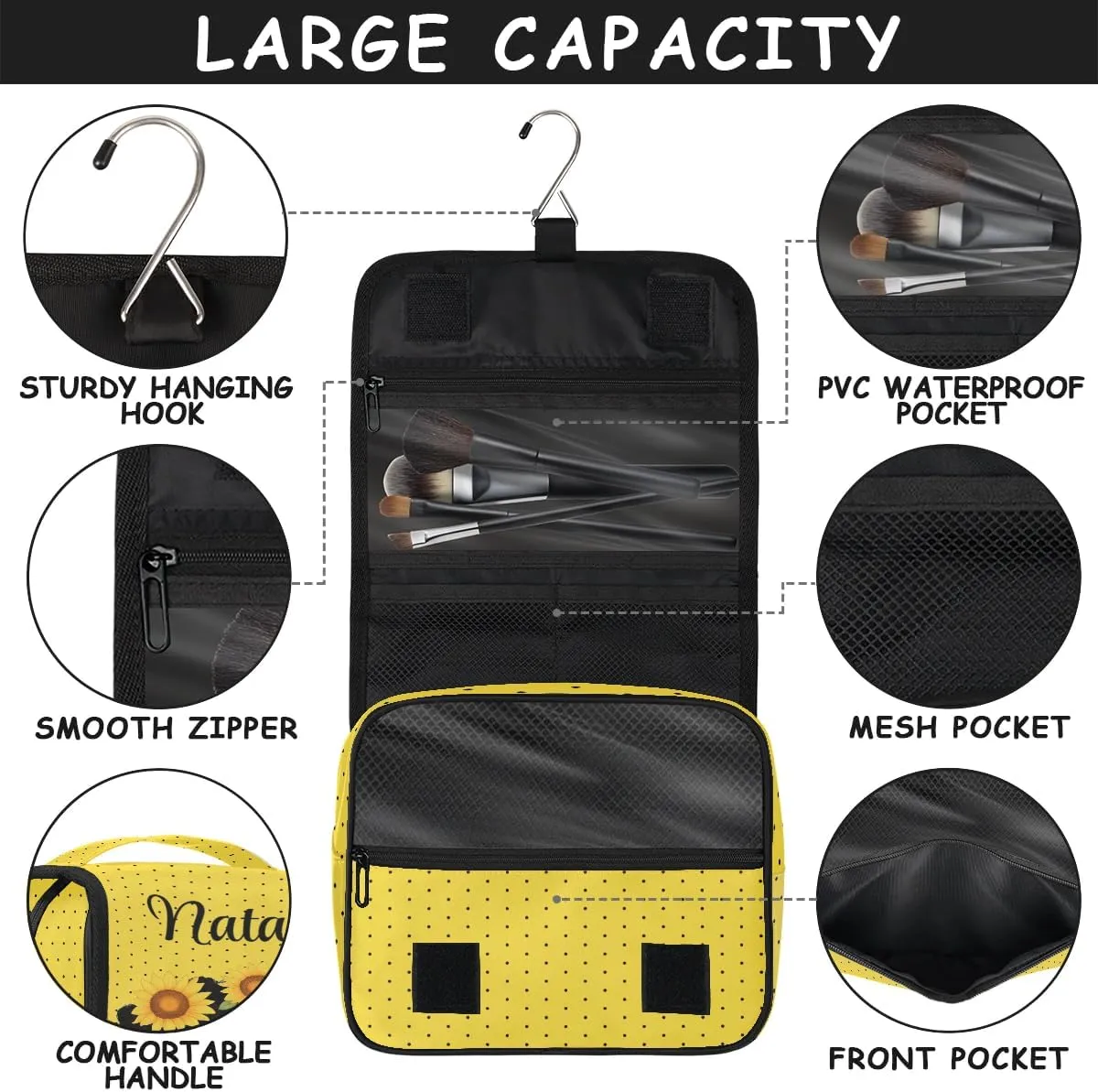 Personalized Travel Toiletry Bag Cosmetic Bag for Women Girl, Custom Shaving Bag Make Up Bag Organizer for Man Boy Christmas Birthday Gift Sunflower Girl Dot