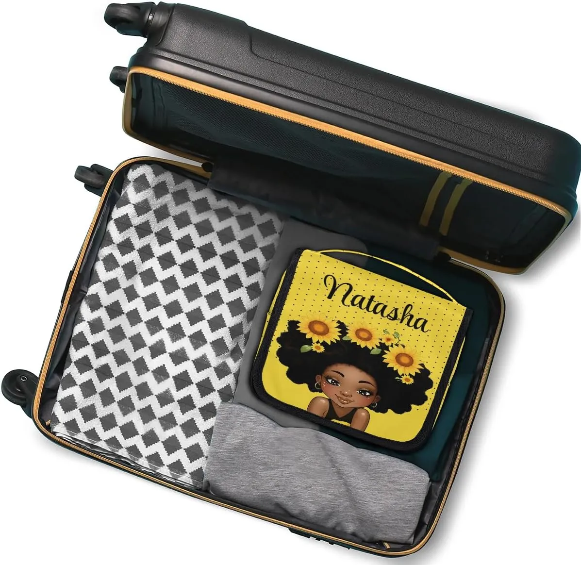 Personalized Travel Toiletry Bag Cosmetic Bag for Women Girl, Custom Shaving Bag Make Up Bag Organizer for Man Boy Christmas Birthday Gift Sunflower Girl Dot