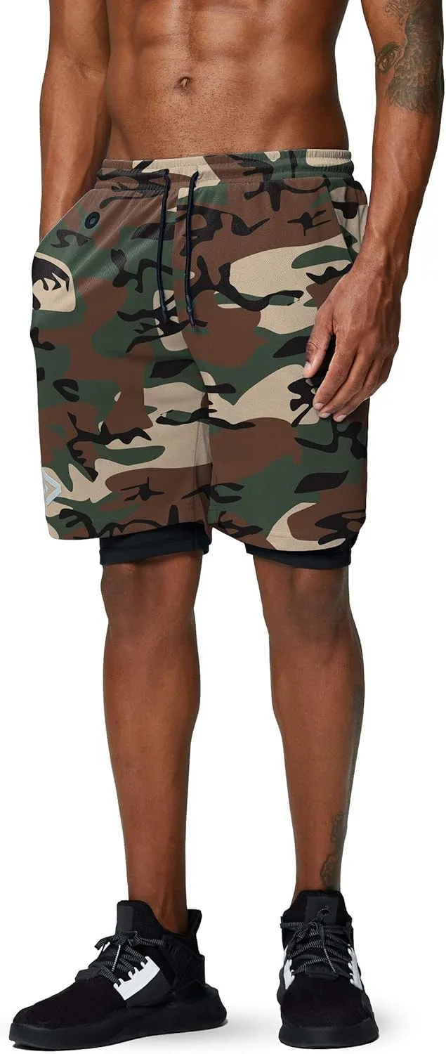 Pinkbomb Men's 2 in 1 Running Shorts Gym Workout Quick Dry Mens Shorts with Phone Pocket