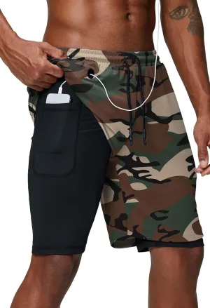 Pinkbomb Men's 2 in 1 Running Shorts Gym Workout Quick Dry Mens Shorts with Phone Pocket
