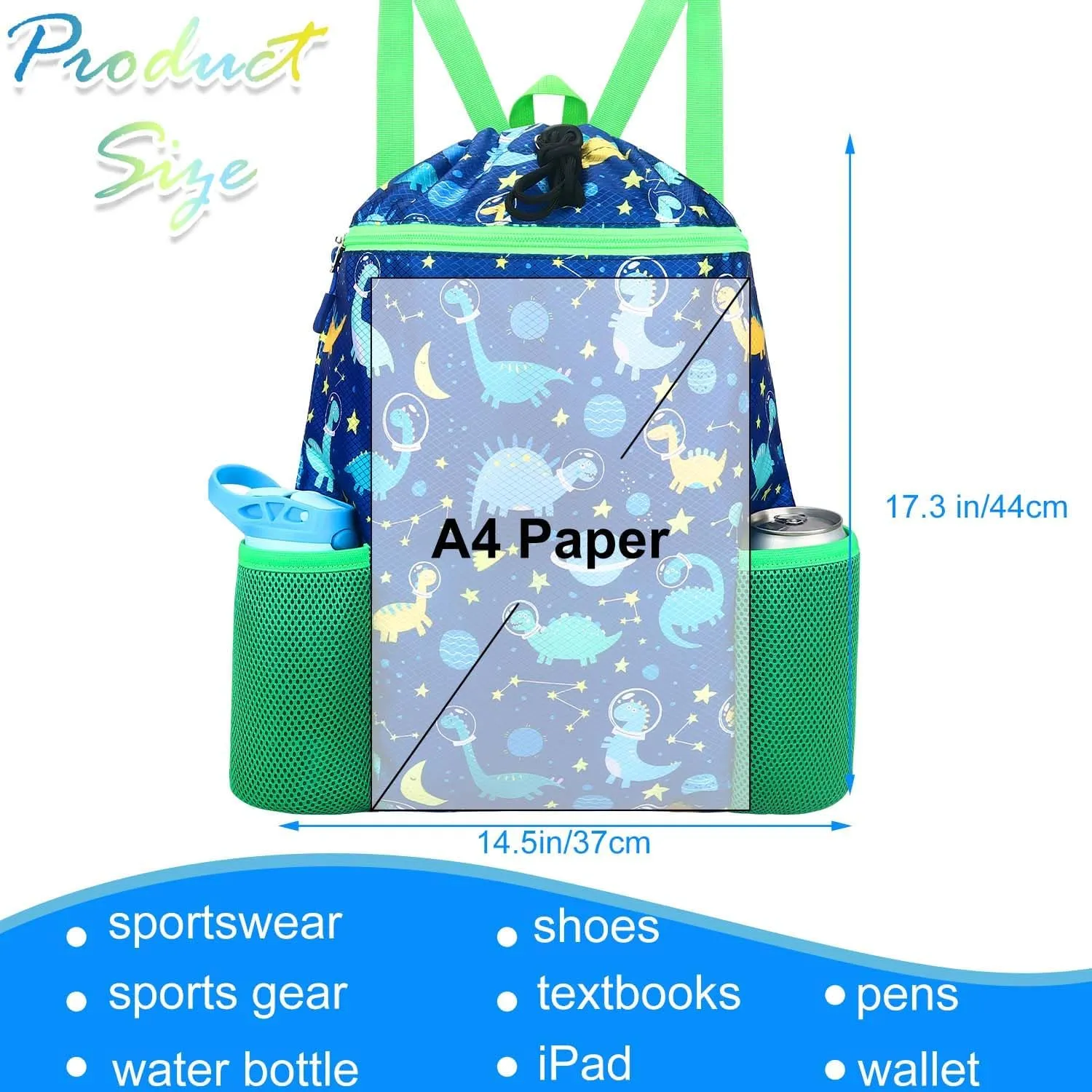 RHCPFOVR Dinosaur Drawstring Backpack for Kids - Drawstring Bags for Girls Swim Bag for Beach Swimming Pool Lightweight Draw String Bags Waterproof Sports Gym Bag With Two Water Bottle Holder