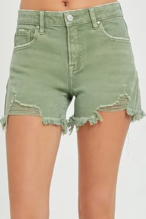 RISEN Mid Waist Frayed Hem Denim Shorts in Olive