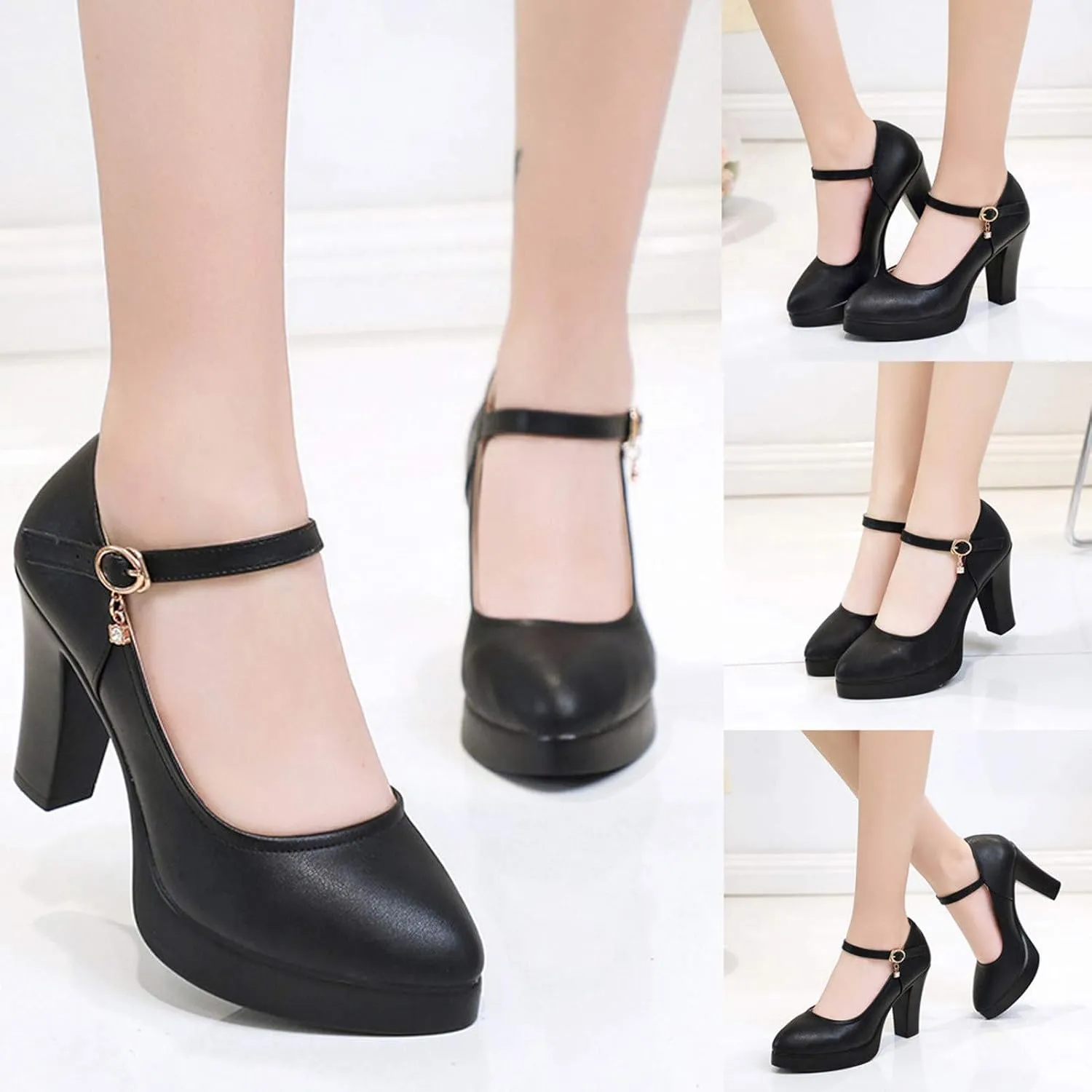 Rvidbe Black Pumps for Women Low Heel, Women's Chunky Low Heels Sandals Pointed Toe Belt Buckle Closed Toe Pumps Sandals