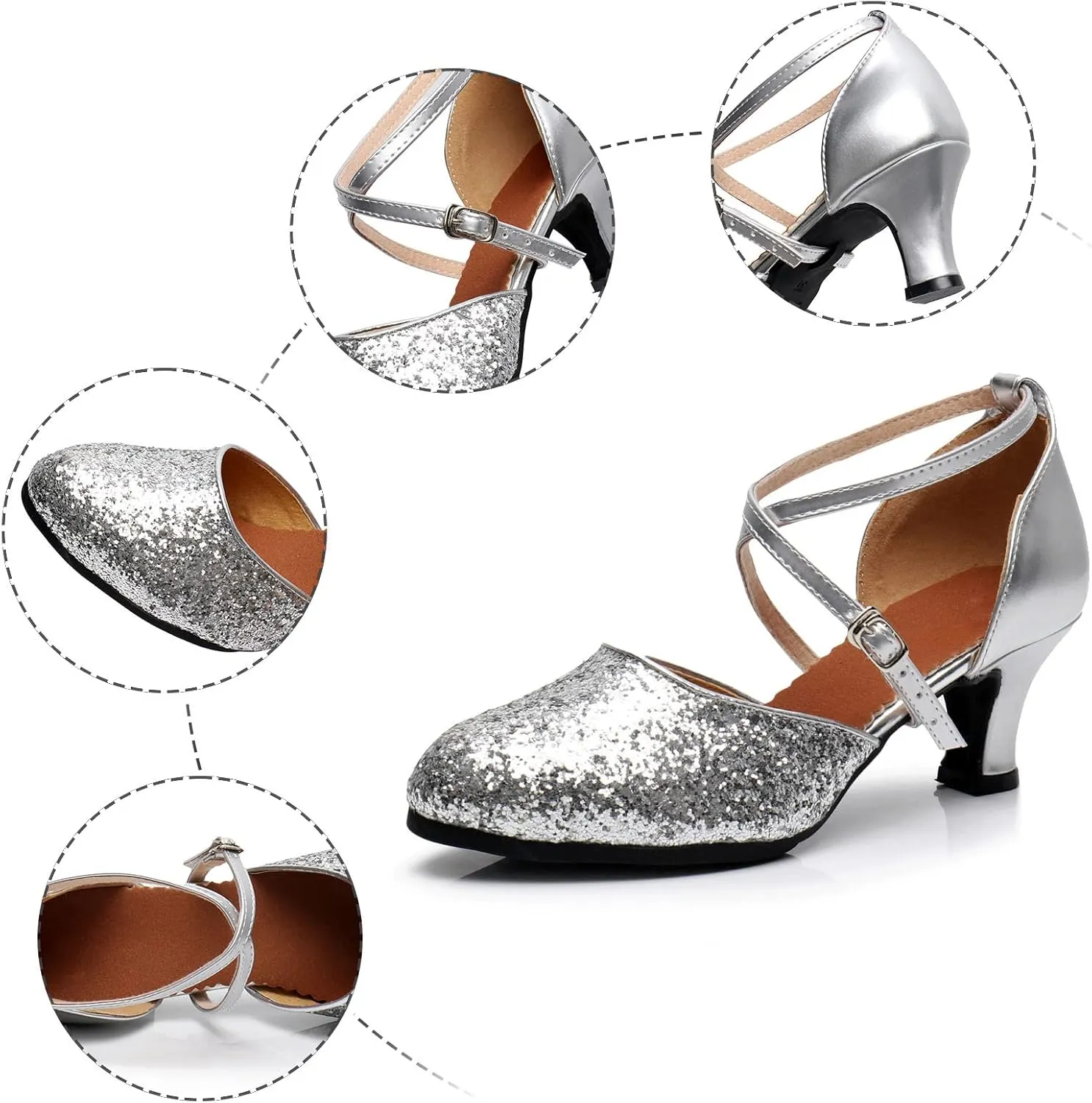 Sandals with Heels Women's Sequined Kitten Heels Closed Toe Latin Dance Shoes PU Leather Practice Ballroom Shoes